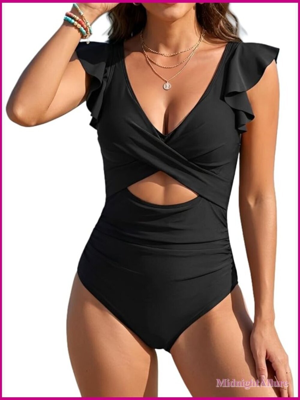 Ruffle Sleeve V Neck One Piece Swimsuit Tummy Control Cutout Monokini
